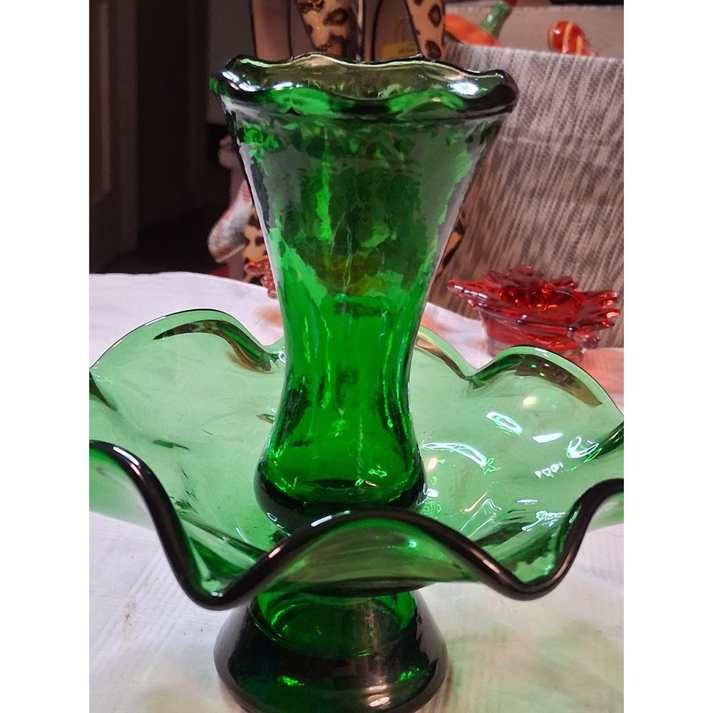 Vintage Emerald Green Art Glass Epergne Ruffled Bowl Trumpet Vase Centerpiece